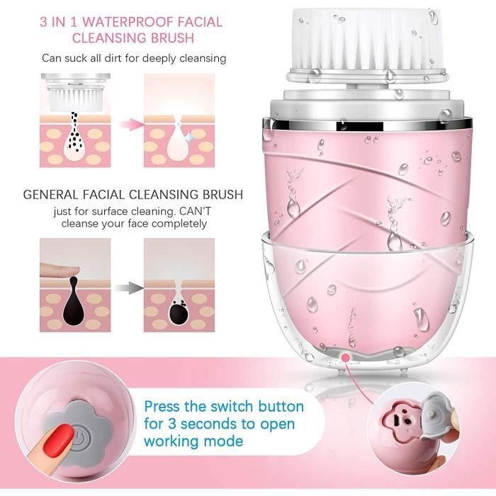 Brosse Nettoyante Visage - 3 en 1 - Rose - Étanche - Rechargeable USB - 2 Vitesses