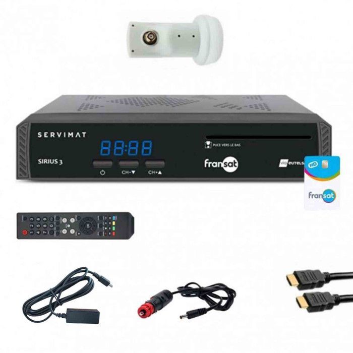 Pack SERVIMAT Récepteur TV Satellite HD + carte Fransat + Câble HDMI + Câble 12V + Déport IR + LNB S