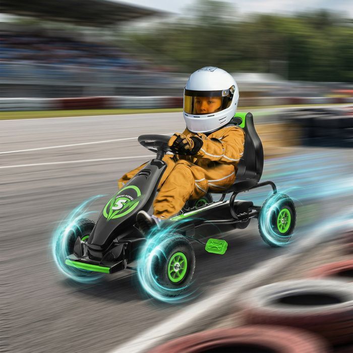 Kart à pédales - HOMCOM - go-kart véhicule enfant siège réglable 3 positions frein à main pneus antidérapant - métal PP - vert noir