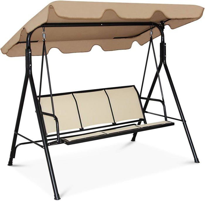 GOPLUS 3-Seater Garden Swing 170x120x153CM, with Adjustable Canopy, Textilene Fabric/Steel Frame, Brown