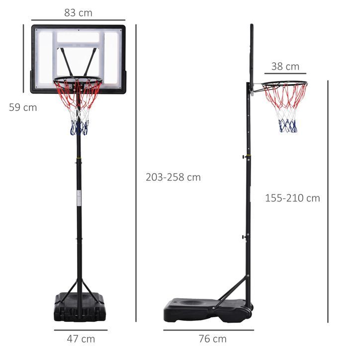 Aro de baloncesto independiente - HOMCOM - altura ajustable de 203 a 258 cm - ruedas - tablero sólido - base con peso - negro