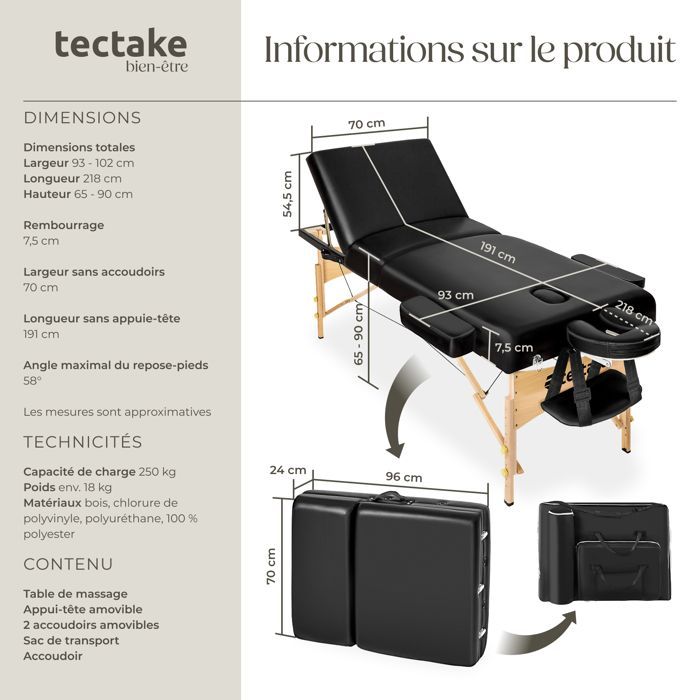 Camilla de masaje - TECTAKE - SOMWANG, camilla de tratamiento portátil de 3 secciones con bolsa de transporte, 218 x 102 x 90 cm - Negra