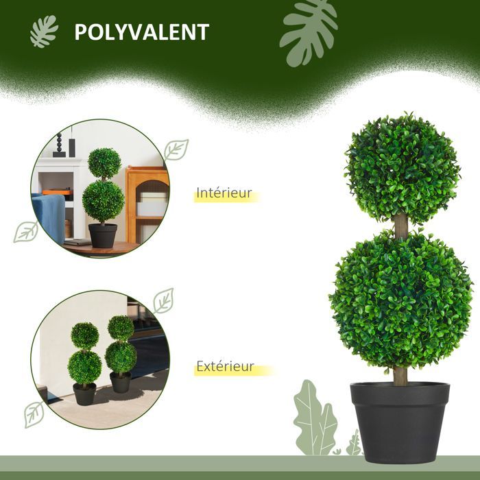 Buis artificiel - HOMCOM - lot de 2 double boules avec tronc et pot inclus décoration - plastique - hauteur 60 cm - vert
