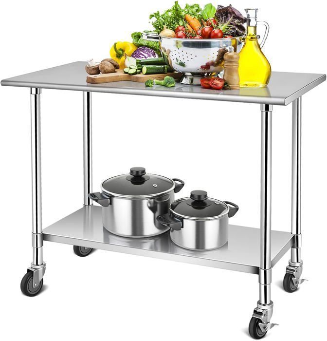 COSTWAY Table de Cuisine en Acier Inoxydable à Roulettes Verrouillables 122x61x90cm Etagères Inférieure Réglable Plan de Travail