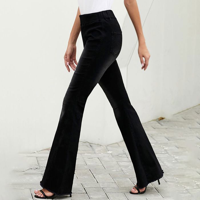 Pantalones vaqueros acampanados elásticos de talle alto con flecos para mujer de FUNMOON