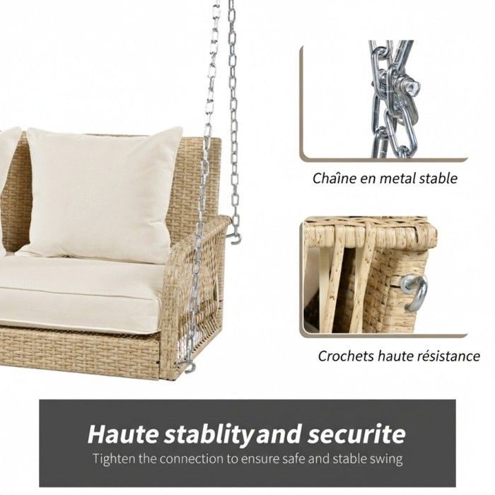 Balancelle de jardin - LANGTU - 2 places - Polyrattan rotin beige - Coussins 11 cm - Chaînes robustes