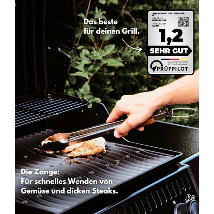 FEBEST 4-Piece Barbecue Accessory Set - Brush, Fork, Tongs, Spatula - Stainless Steel