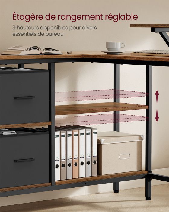 Bureau, Forme en L, avec 2 Tiroirs Spacieux et Support pour Écran, Étagère Réglable, Longueur 135 cm, pour Bureau, Marron Rustique