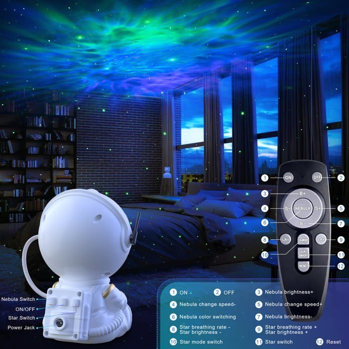 Proyector de astronauta, cielo estrellado, galaxia, luz nocturna LED giratoria de 360°, proyector de astronauta con control remoto, blanco para niños