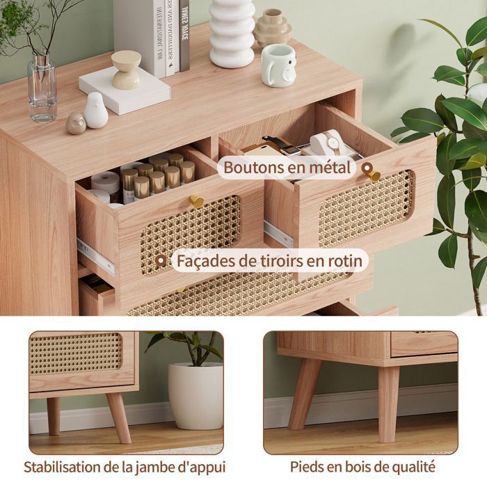 Cômoda com 5 gavetas - LUMINARIX - Madeira Natural - Rattan - 60 x 34 x 91 cm - Elegância Chique - MDF