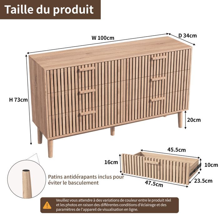 Commode en bois 100x34x73cm ,meuble de rangement de style scandinave avec 6 tiroirs et supports en bois,convient pour salon,