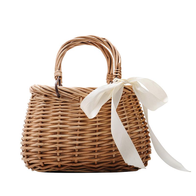 Tendance mode 2020 : Sac à main d'été en paille pour femmes et enfants, idéal pour la plage et les vacances. Petit format, sac rigide et polyvalent avec rubans.