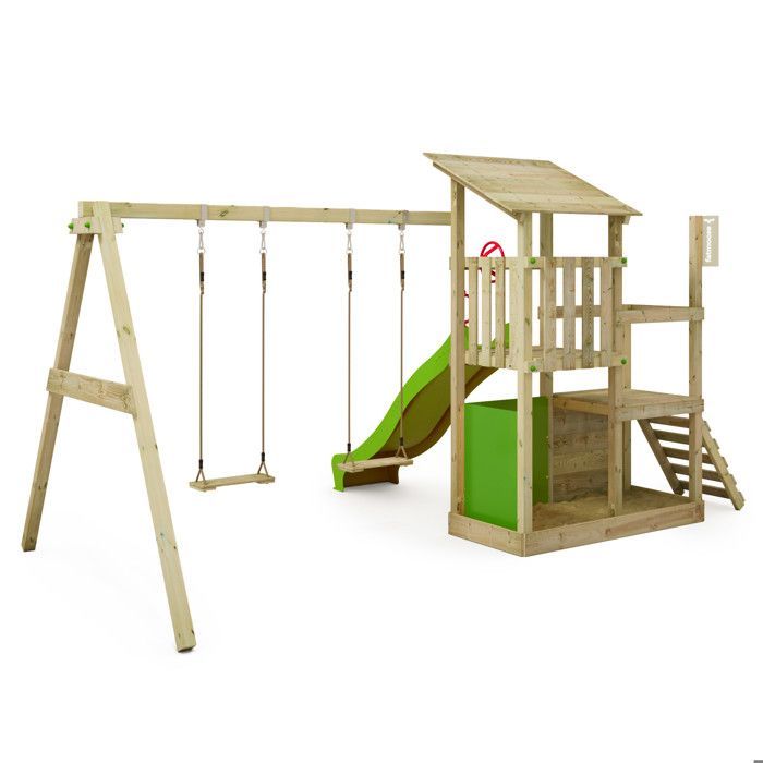 Aire de jeux en bois FruityForest avec balançoire et toboggan vert pomme