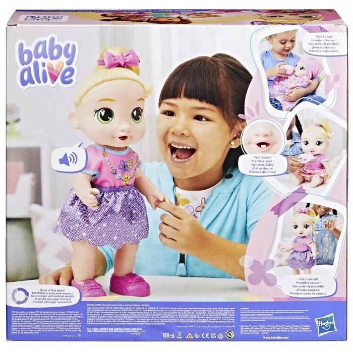 Baby Alive Baby Grows Up LaLa GooGoo, interactieve poppenset met meer dan 75 geluiden en zinnetjes, geschikt voor kinderen vanaf 3 jaar.