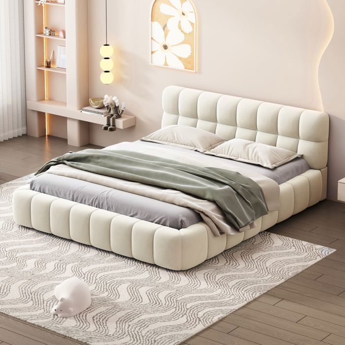 Cama de 140 x 190 cm con cabecero y somier de láminas, cama doble tapizada, cama a ras de suelo, estructura de cama de 140 x 190 cm con somier de láminas, lino, beige