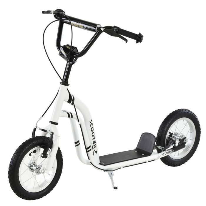 Patinete infantil - HOMCOM - Neumáticos de goma de 12 pulgadas, capacidad de carga de 100 kg, todoterreno, frenos dobles ajustables - blanco