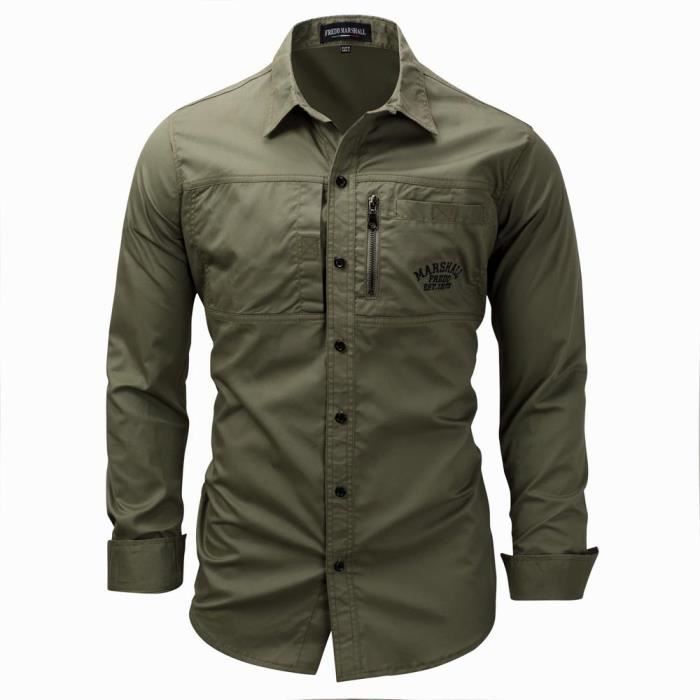 Camicia militare da uomo in cotone, maniche lunghe, casual, tinta unita - Verde militare