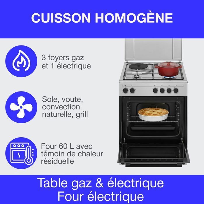 Cuisinière mixte CONTINENTAL EDISON CECM60FCS - 3 feux gaz + 1 électrique - L59,8 x P61 xH83 cm - Silver