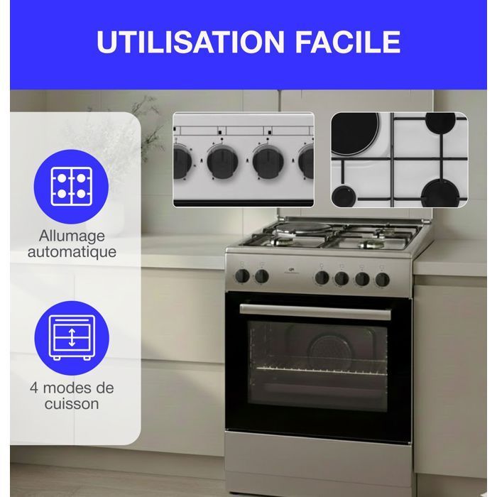Cucina mista CONTINENTAL EDISON CECM60FCS - 3 bruciatori a gas + 1 bruciatore elettrico - L59,8 x P61 x H83 cm - Argento