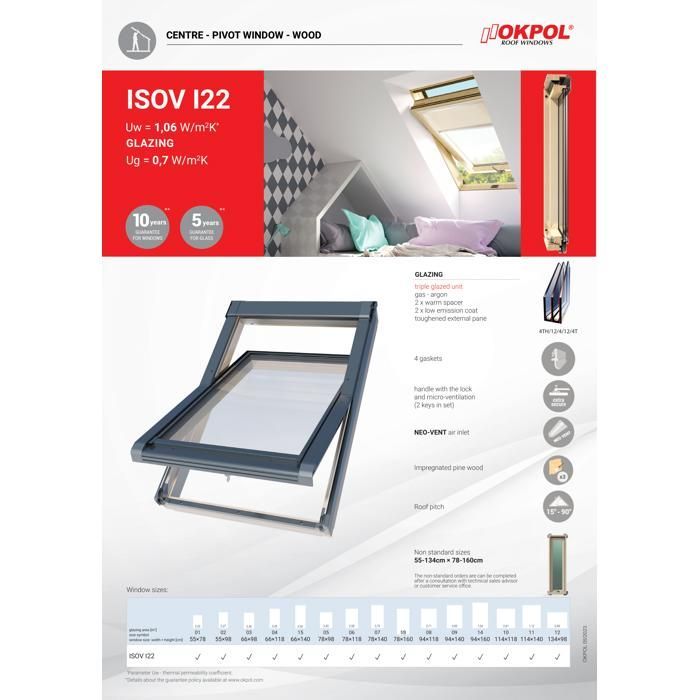 OKPOL Fenêtre de toit rotation BOIS 134 x 98 cm - ISOV I22 - triple vitrage
