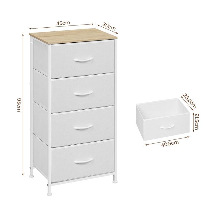 WOLTU Commode, 4-ladenkast in stof, metaal en bewerkt hout E1, wit W0ITT5038