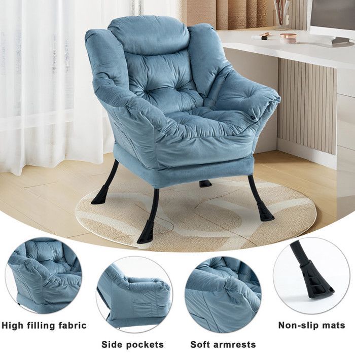 Fauteuil à bascule 75 x 80 x 85 cm, fauteuil à bascule en métal avec poches latérales, fauteuil d'allaitement minimaliste, bleu