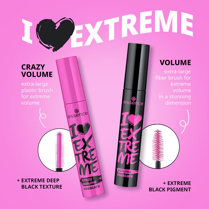 máscara para cílios essence I LOVE EXTREME proporciona volume máximo aos cílios.