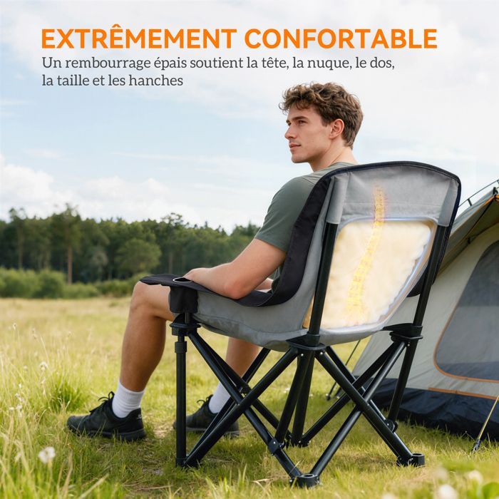 Campingstoel - Outsunny - draagbaar en opvouwbaar - zijvakken, bekerhouders en draagtas - zwart