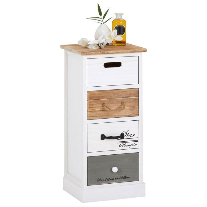 SALVA chest of drawers, 63 cm high, in solid wood, white, grey and brown, 4 drawers, small tall storage unit