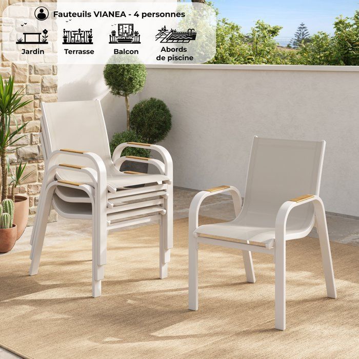 Juego de 4 sillas de jardín para comedor - VIANEA – Estructura de aluminio y textilene – Blanco y natural – 52 x 64 x 86 cm