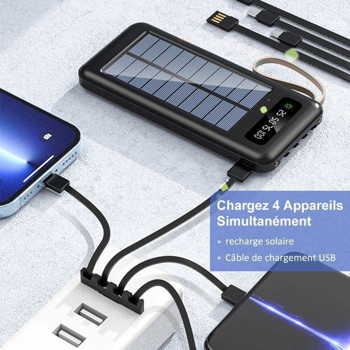 20000mAh Chargeur Batterie Externe Solaire 4 Câbles Intégrés Batterie 6 Sorties et 3 Entrées ,LED L'affichage et Lampe