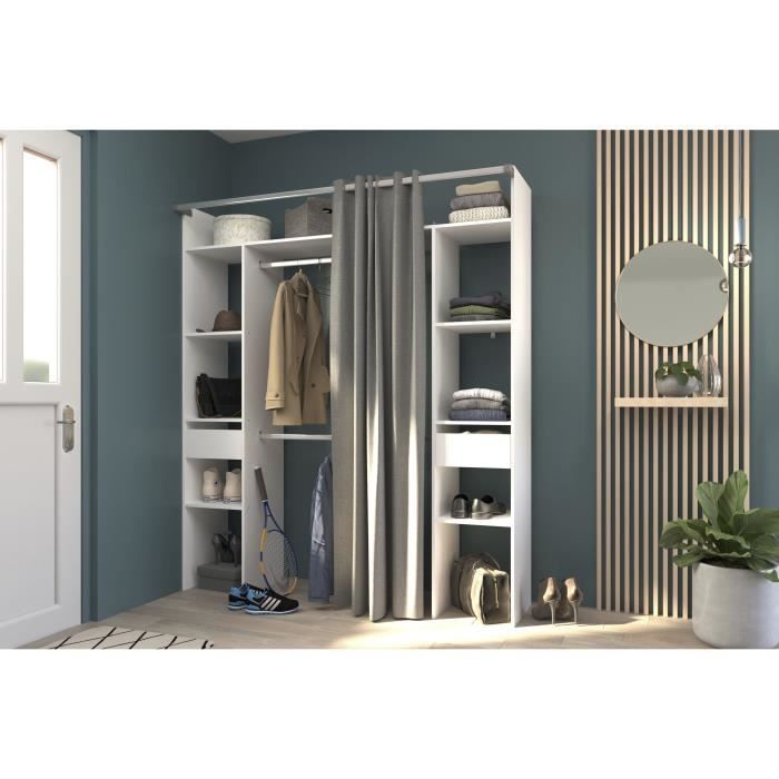 Dressing double ARTIC - L176 x P48 x H202 cm - Blanc + rideau gris - Made in France