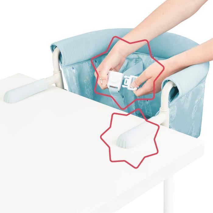 Seggiolone da tavolo Badabulle con sistema di fissaggio a 4 bracci, chiusura ultra compatta, da 6 a 36 mesi.