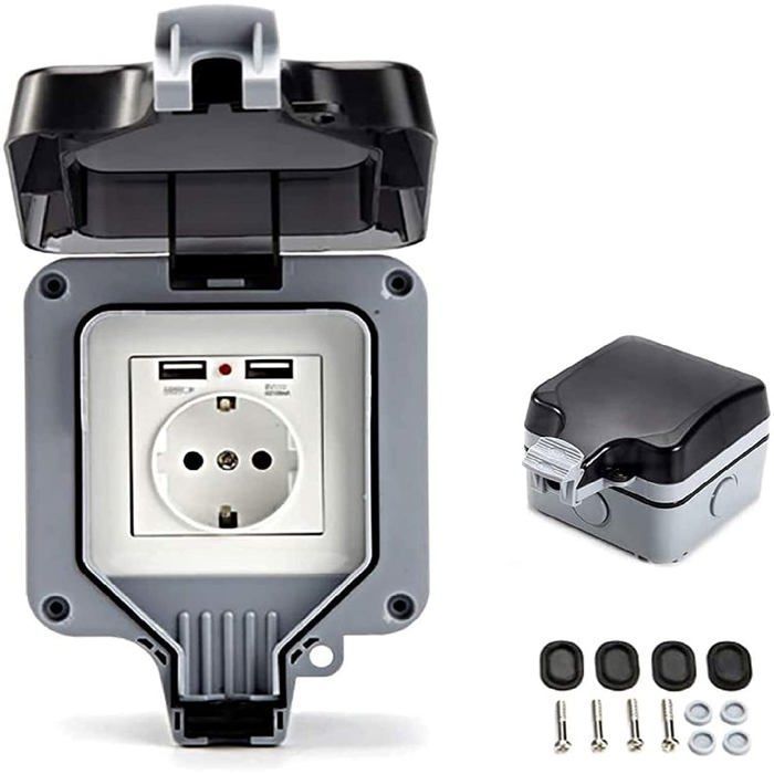 Enchufe de pared impermeable IP66 AIMOONSA – Toma de corriente exterior con tapa y puertos USB