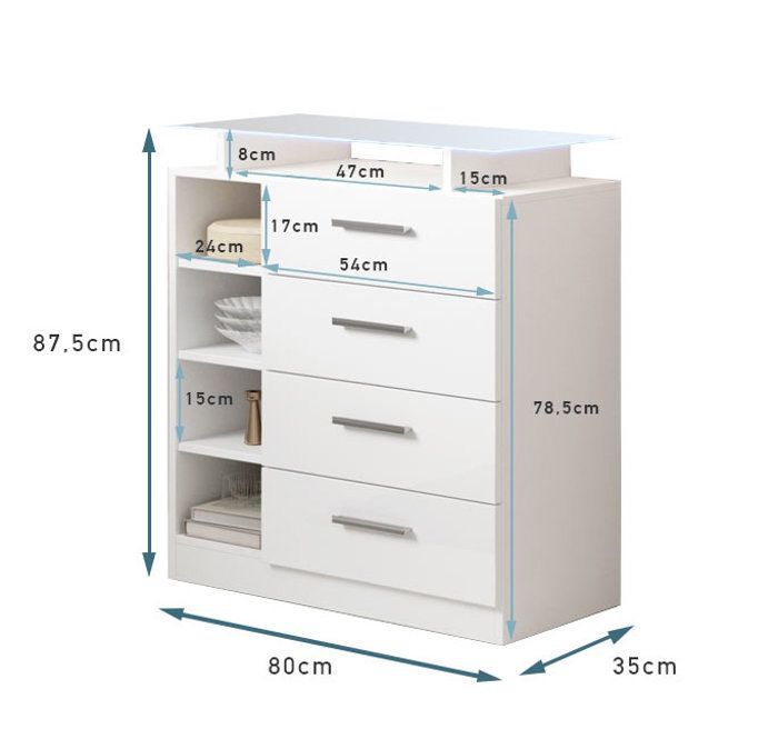 Hallway unit with 4 drawers | Glossy white | Glass shelf and LED light | W 80 x D 35 x H 87.5 cm | Model Paola 4C