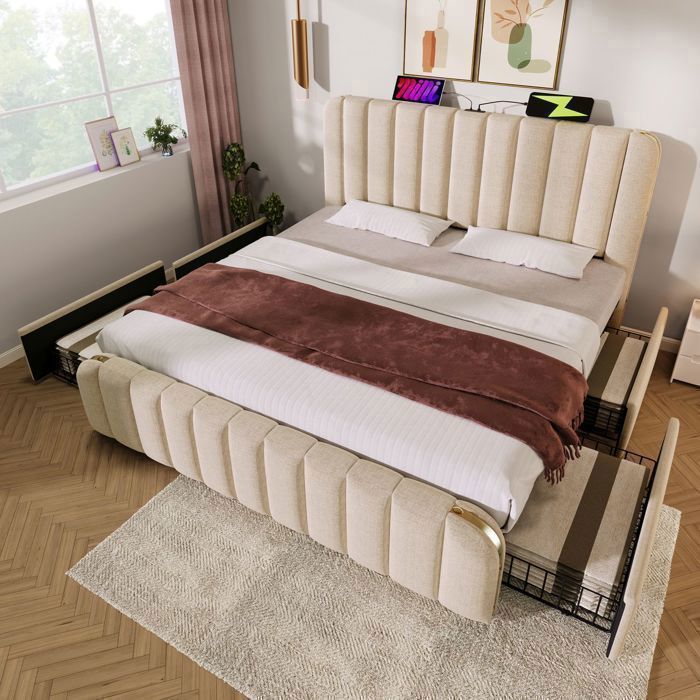 Lit coffre 180x200, 4 tiroirs coulissants lit double, sommier inclus, revêtement lin beige, ports USB, structure métal robuste