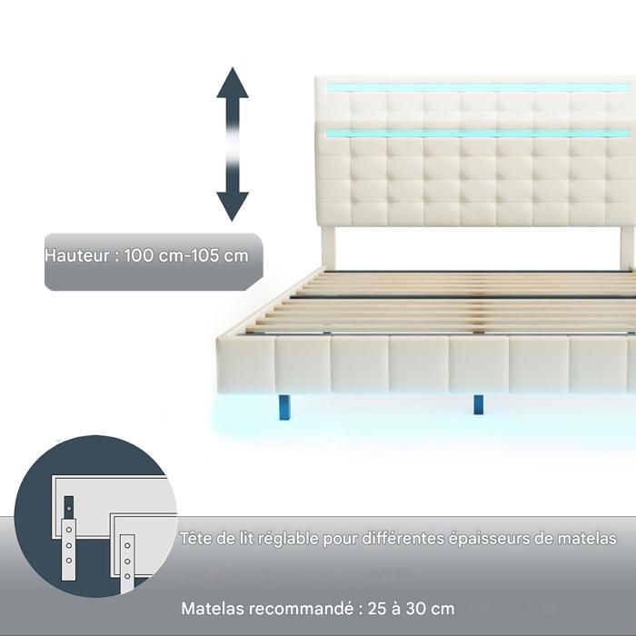 Lit double 140x190 cm - SUNFECILI - Beige - Avec LED et USB - Tissu en lin - Charge 300 kg