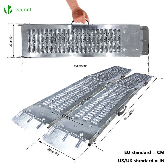 VOUNOT® Juego de 2 rampas de carga plegables, 160 cm, acero galvanizado - Carga máxima 400 kg - Rampa de acceso antideslizante con asa