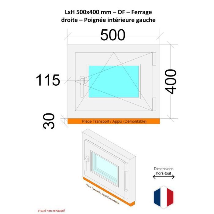 Fenêtre PVC - LxH 500x400 mm -Triple Vitrage - Blanc -poignée à gauche
