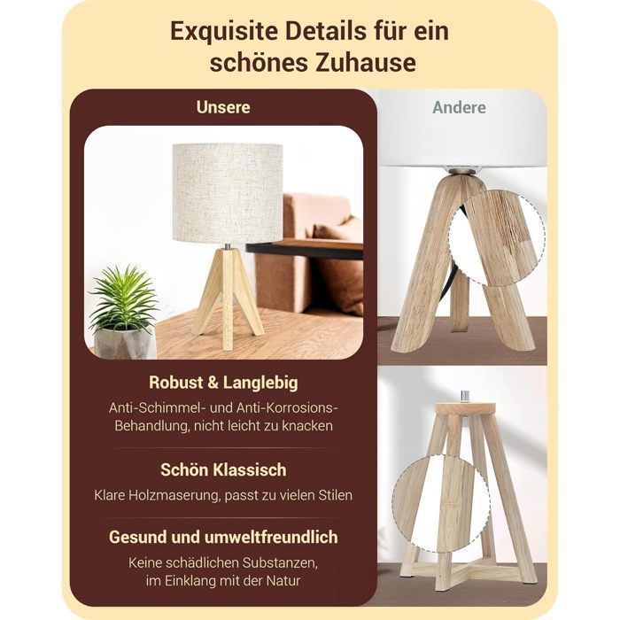 Lampe à poser Lot de 2, Abat-jour en Lin Beige, E27 Douille, Trépied Vintage, Ampoule Incluse, 36 x 20 x 20 cm