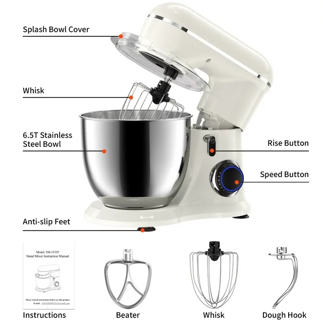 Samsaimo Staande Mixer, 6,5 liter, 660 W, 10 snelheden, Kantelbare Kop, Keukenmixer met Kom, Deeghaak, Klopper en Garde, geschikt voor de meeste thuiskoks