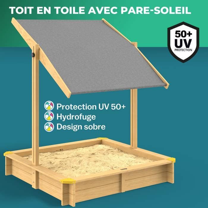 Spielwerk SAMU 120x120cm Spruce Wood Sandpit with Adjustable UV Protection Roof for Outdoor Children's Play in the Garden