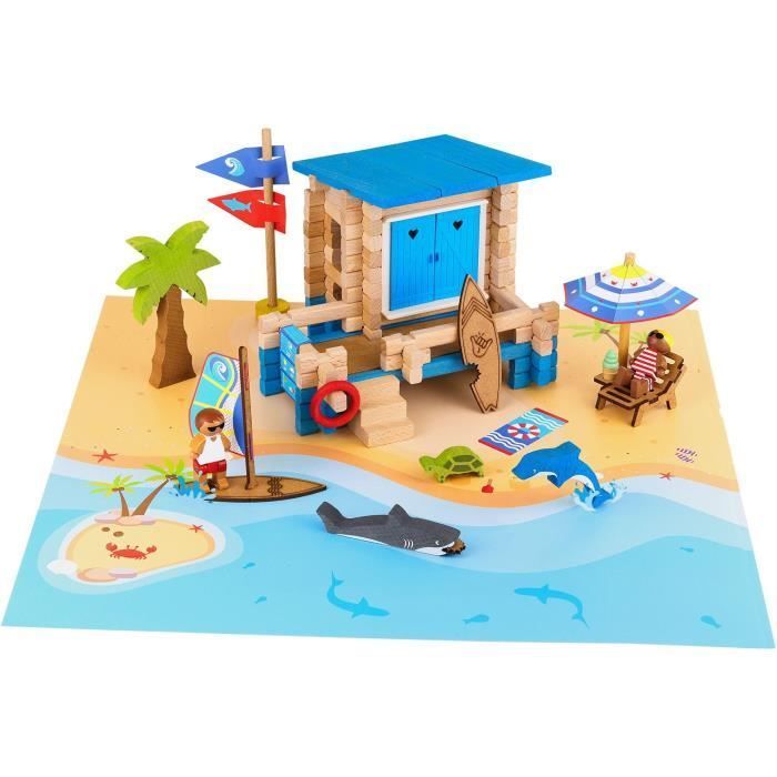 Journée à la Plage 120 Pièces - JEUJURA - Jeu de Construction en Bois Naturel, Tapis et Accessoires Inclus, 32x27x11 cm