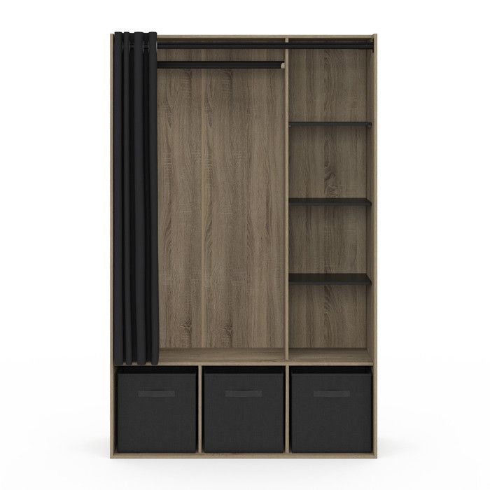 IDMARKET Dressing penderie DIANE 105 x 45 x 167 cm hêtre avec étagères + boites de rangement + rideau noir