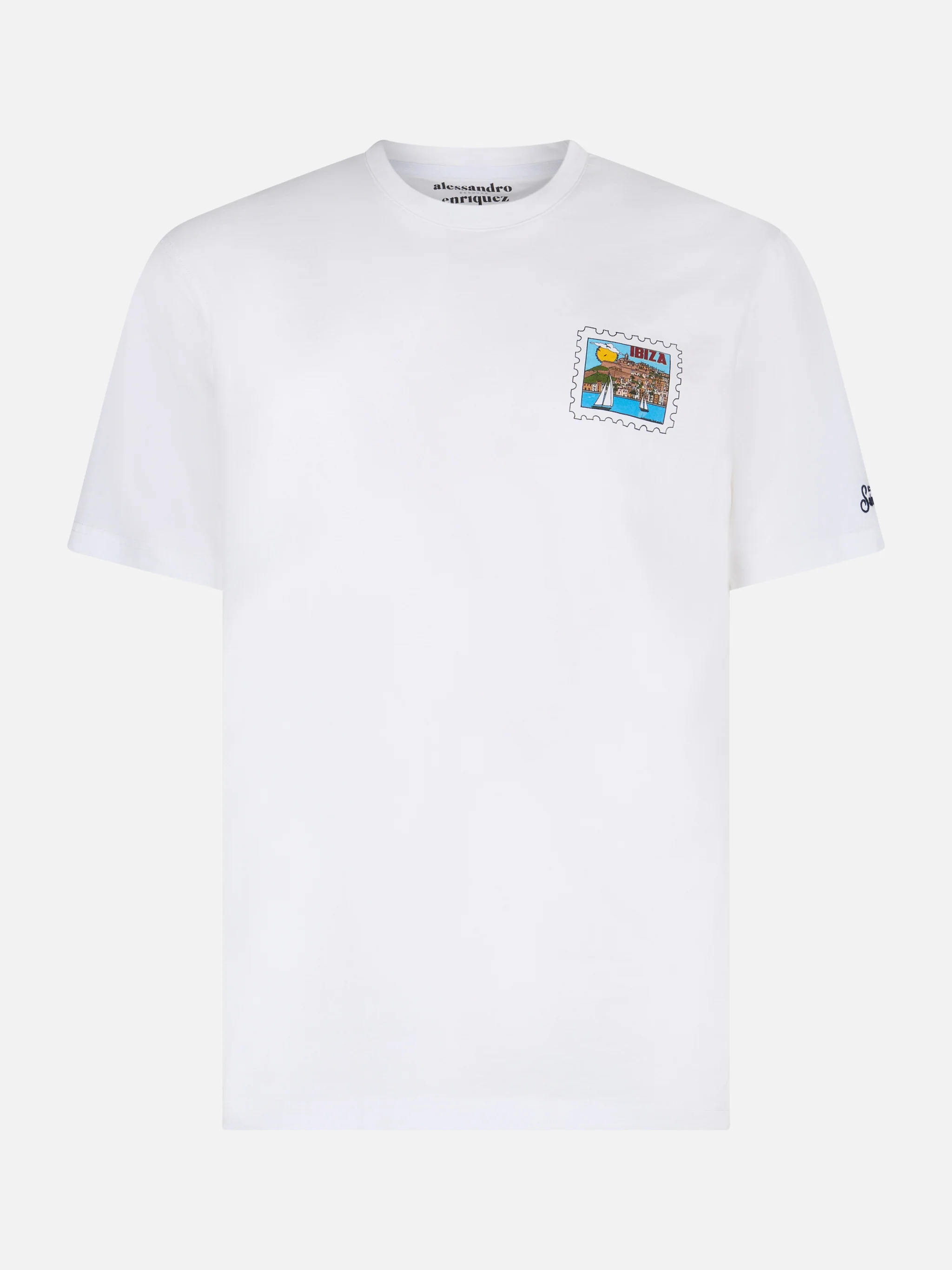 Heren katoenen T-shirt met Ibiza-ansichtkaartprint op voor- en achterkant.