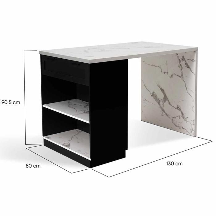 IDMARKET VITO Mesa alta tipo isla de 130 cm en color negro con efecto mármol de Alaska para 4 personas.