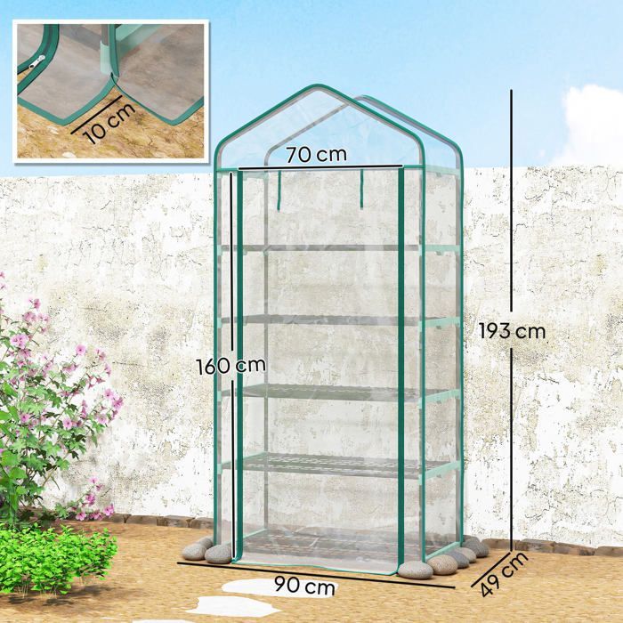 Serre de jardin - Outsunny - PVC - avec étagères 5 niveaux - châssis en acier - porte zippée enroulable - 90x49x193cm - transparent