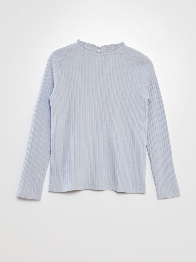 Gebreid T-shirt met puntknoopsluiting - BLAUW