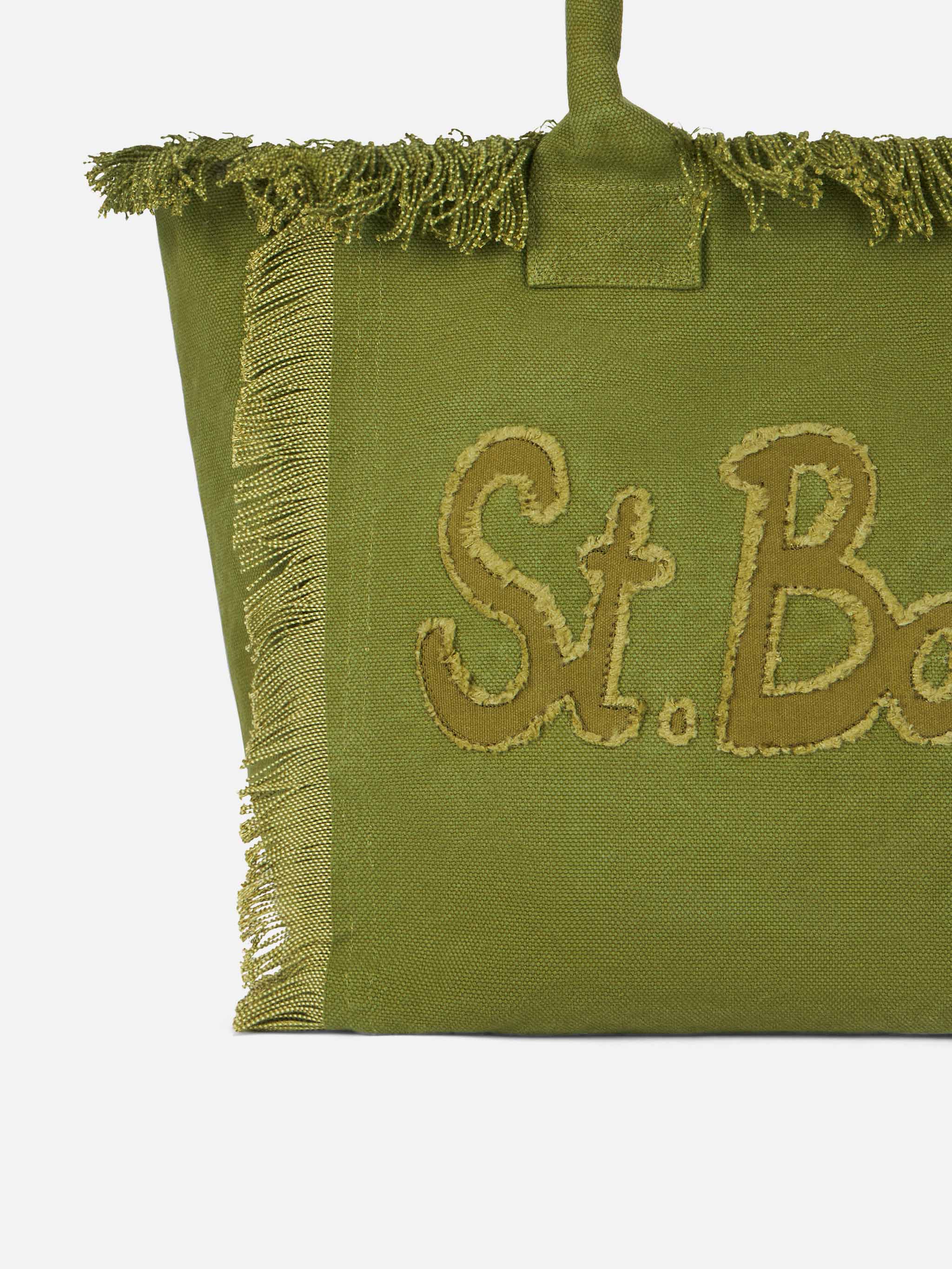 Vanity katoenen canvas draagtas met franjes | Militair groen | Saint Barth signature patch logo | Binnenvak met rits | MC2 Saint Barth