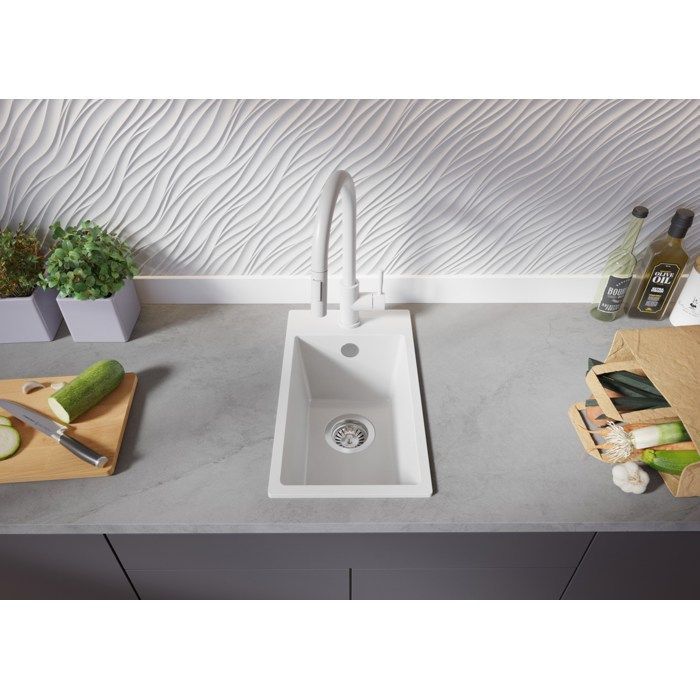 PRIMAGRAN Evier Cuisine en Granit Blanc 28x50cm, Lavabo 1 bac + Kit de Vidage, Évier à Encastrer au meuble 30cm - Riga